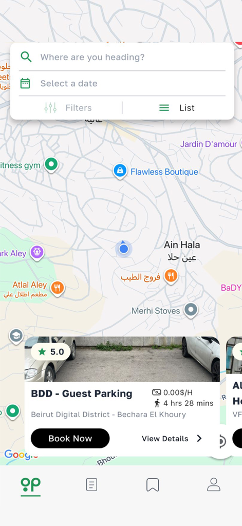 Gopark App - Gopark mobile app map interface showing available parking spots with search and booking options.