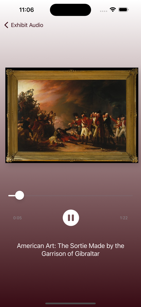 Met Tour Guide app showing the audio player for the painting The Sortie Made by the Garrison of Gibraltar