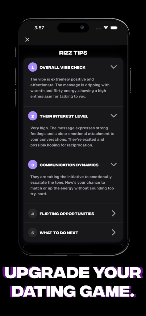 RizzGPT app interface displaying AI dating tips including vibe check and interest level analysis