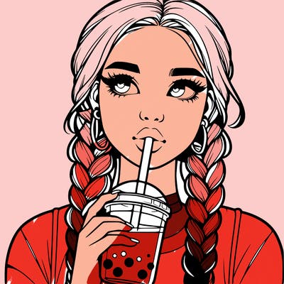 realistic girl with braided hair drinking boba