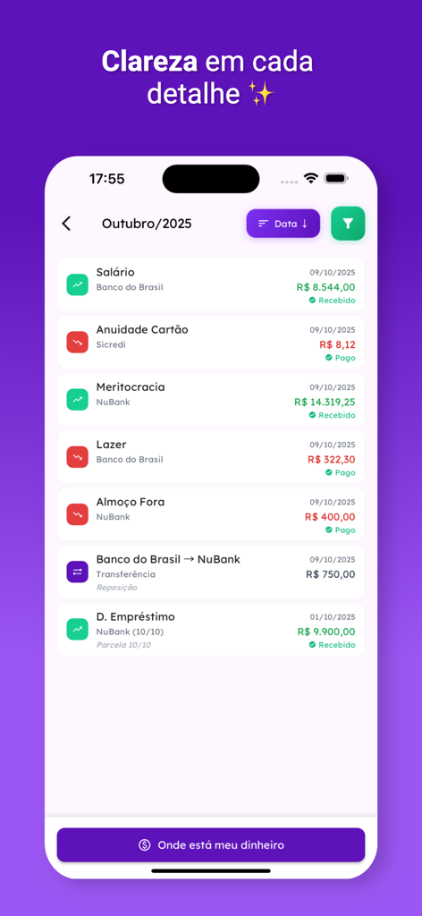 Wisecash - Wisecash app transaction history screen showing a list of incomes and expenses with category icons