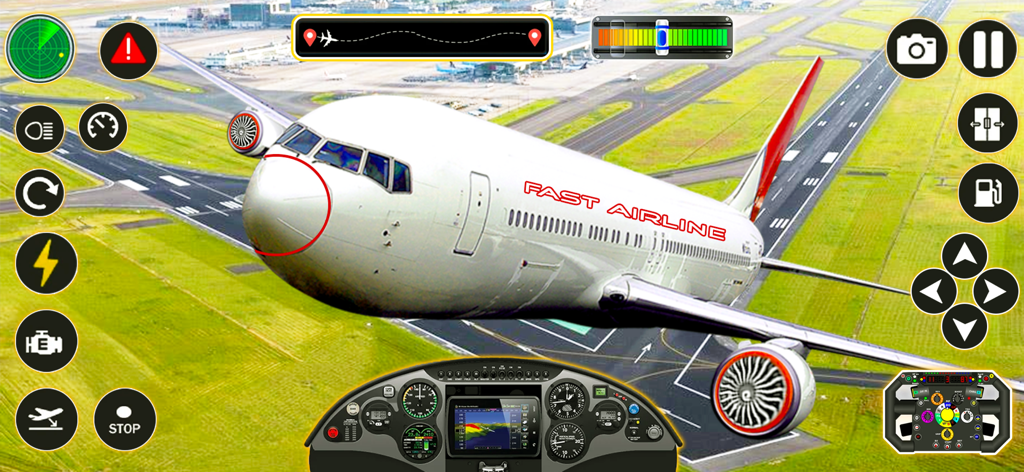 City Pilot Airport Game Flight - Commercial airplane flying over an airport runway in City Pilot Flight Simulator mobile game