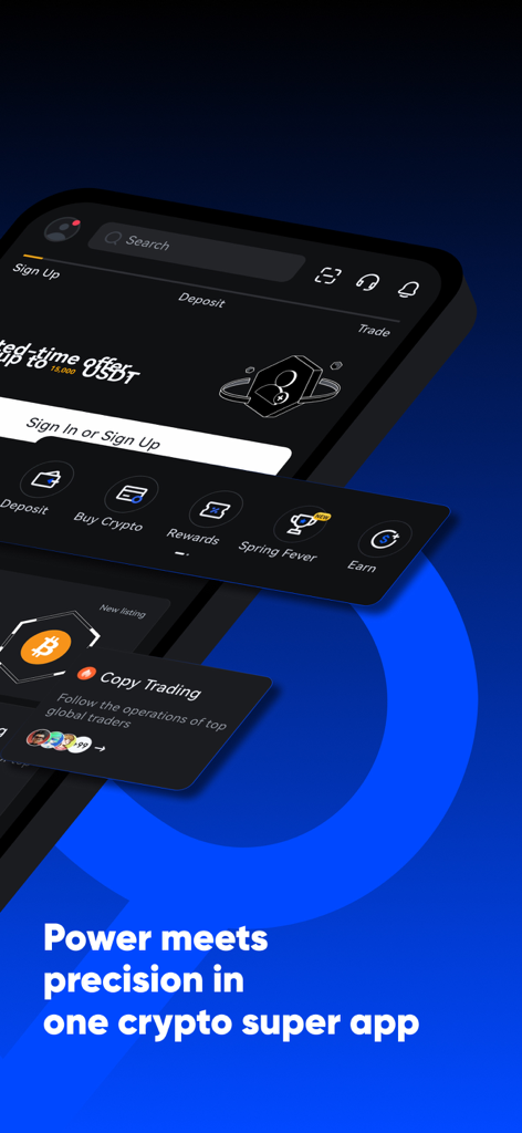 Toobit: Buy BTC, ETH & Crypto - Interface mobile de l'application crypto Toobit présentant les options de dépôt, d'achat de crypto et de copy trading avec un thème sombre.