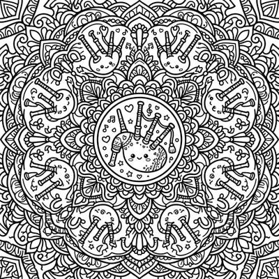 Experience a delightful fusion of Scottish tradition and Japanese cuteness with our Kawaii Bagpipes Mandala coloring page. This unique design offers a relaxing and intricate artistic journey for all ages.