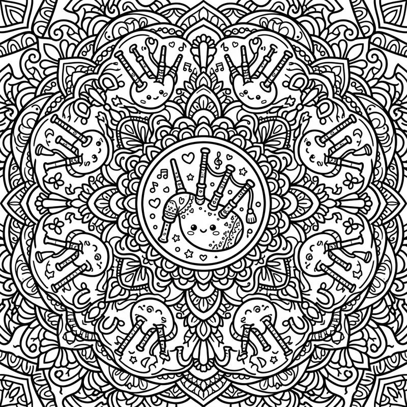 Experience a delightful fusion of Scottish tradition and Japanese cuteness with our Kawaii Bagpipes Mandala coloring page. This unique design offers a relaxing and intricate artistic journey for all ages.