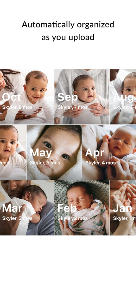 FamilyAlbum - Photo Sharing - Gitter von Babyfotos, die in der FamilyAlbum App automatisch nach Monat und Alter sortiert sind.