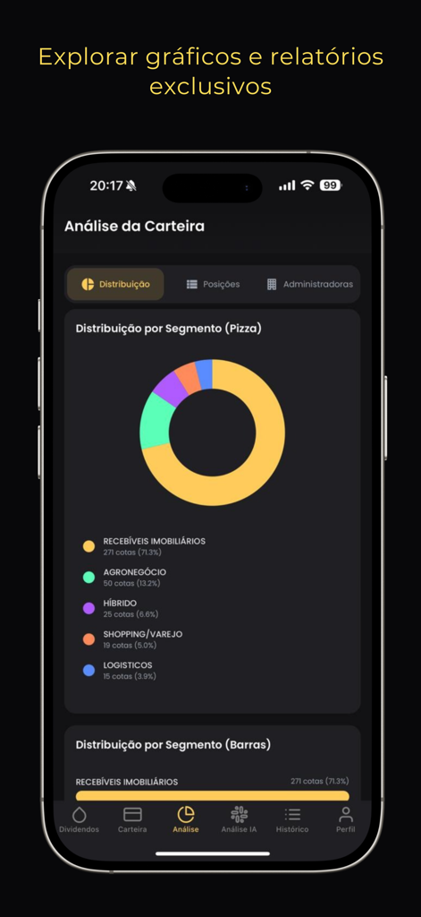 Renda Fiis: Fundos Imobiliário - A donut chart in the Renda Fiis app showing the distribution of investment segments like real estate receivables and agribusiness.