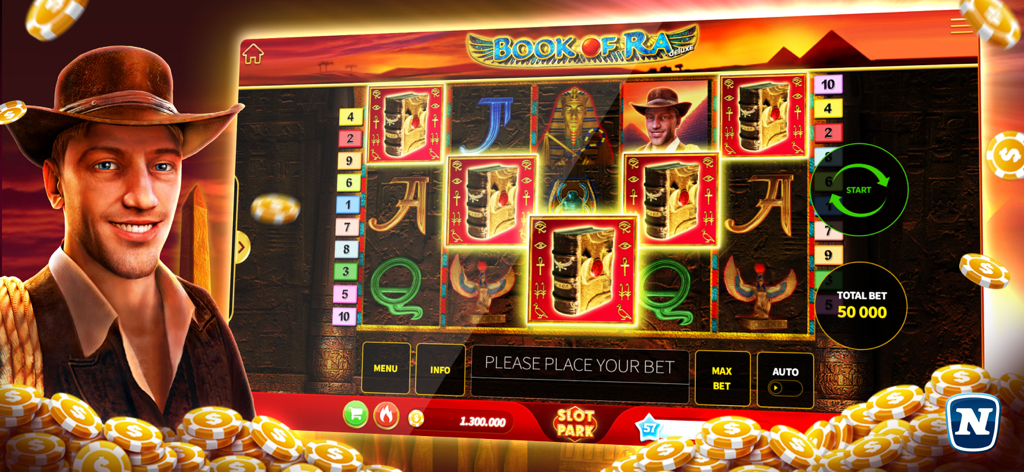 Slotpark Casino Slots Online - 探検家キャラクターと金貨が登場するSlotpark Casino Book of Ra deluxeスロットゲームインターフェース