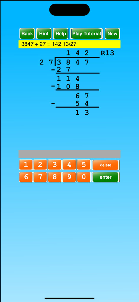 Long Division & Multiplication - Mobile app interface showing a step by step long division calculation with a numeric keypad