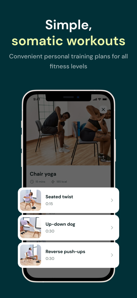 Smartphone screen showing chair yoga exercises and simple somatic workout plans