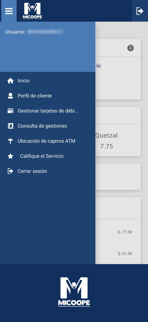 Micoope en Linea - Menú de navegación lateral de la aplicación de banca móvil Micoope en Linea en español