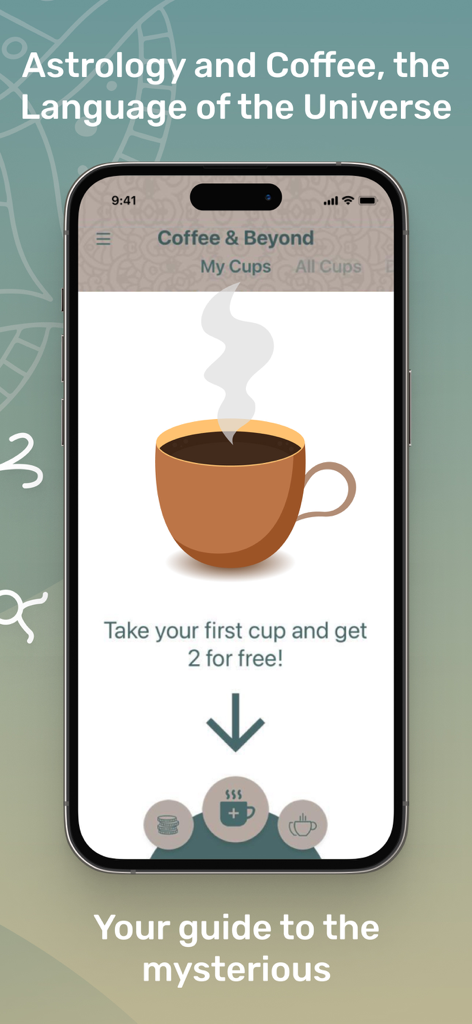 Coffee and Beyond app home screen with a coffee cup graphic and astrology text.