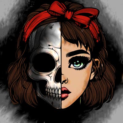 realistic girl with half skull mask