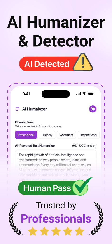 Humanix - AI Text Humanizer - Humanix app interface showing AI text humanizer and detector with human pass verification