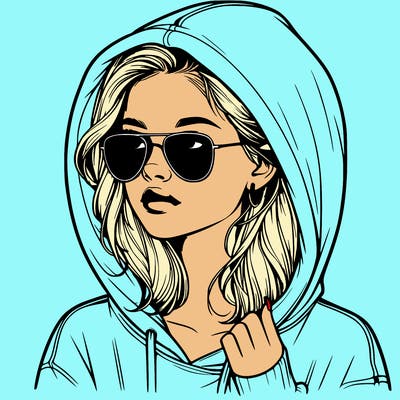 realistic teenage girl, wearing a hoodie and sunglasses