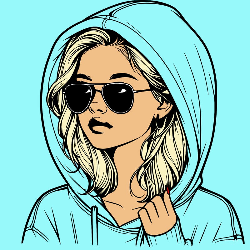 realistic teenage girl, wearing a hoodie and sunglasses