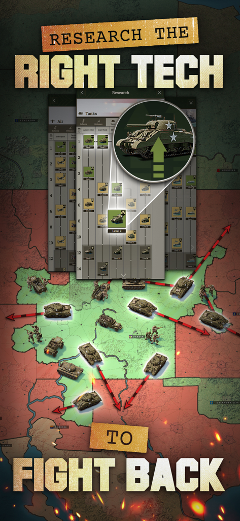 Supremacy: Call of War 1942 - Mobile game interface showing a WWII tank research tree and military units on a strategic map