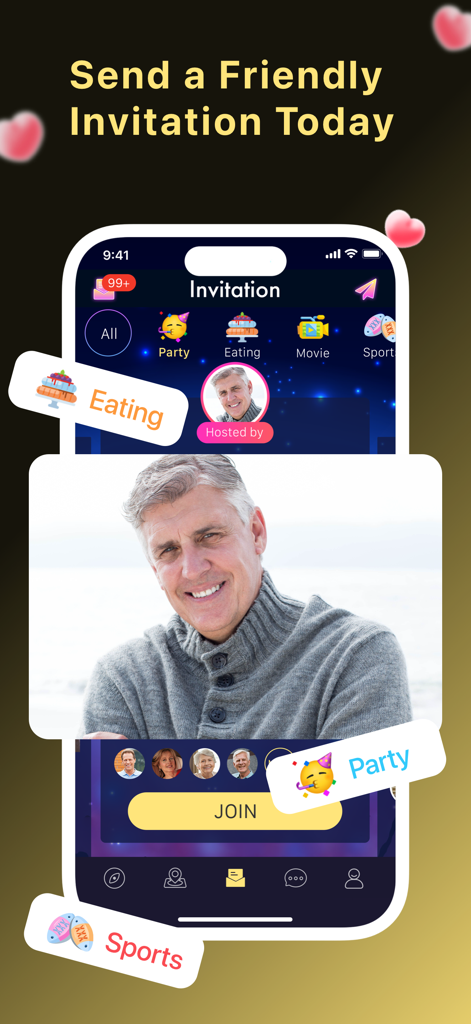 Interfaccia dell'app di incontri Silverly che mostra categorie di inviti sociali come festa e cena per single over 40.