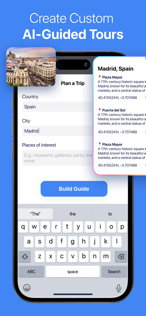 Street View 360° Travel Guide - Smartphone-Bildschirm mit der Reiseplanungs-Oberfläche für eine KI-gesteuerte Tour durch Madrid, Spanien