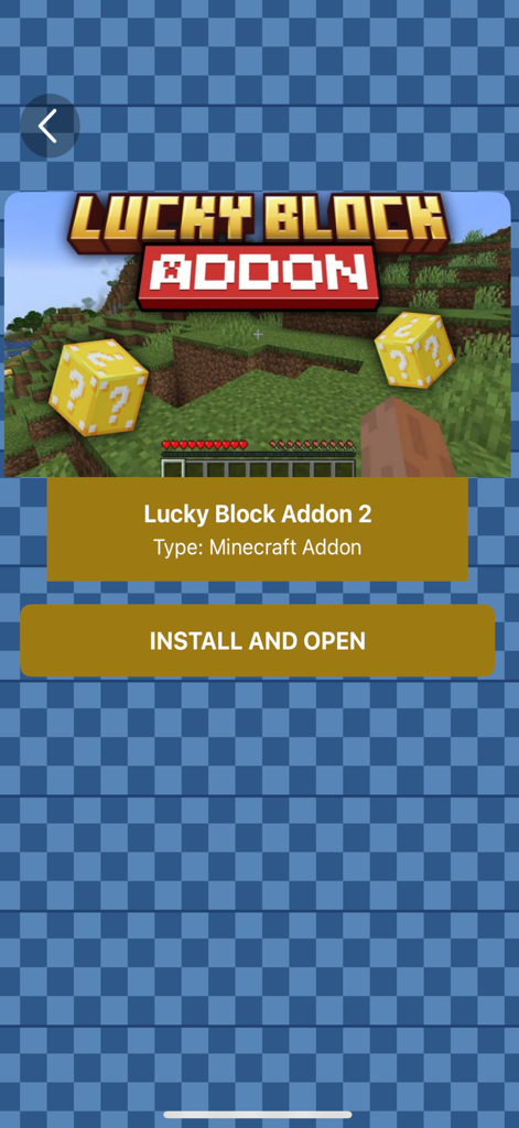 마인크래프트 PE용 설치 및 열기 버튼이 있는 럭키 블록 애드온 2 설치 화면