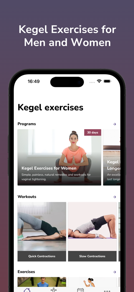 ケーゲル体操アプリのダッシュボード。女性と男性向けの骨盤底筋エクササイズプログラムを表示。