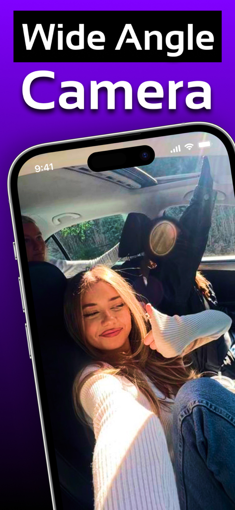 A wide angle camera app showing a 0.5x zoom selfie of a young woman with her friends in a car