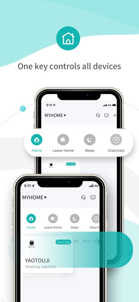 iCSee Home - iCSee Home mobile app interface showing remote control features for smart cameras and home security modes