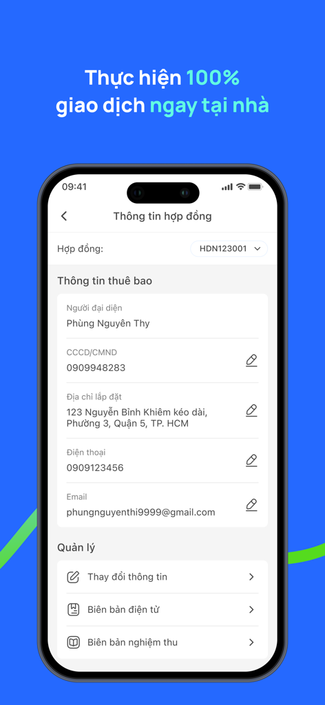 Mobile screen of Hi FPT app displaying contract details and online service management options