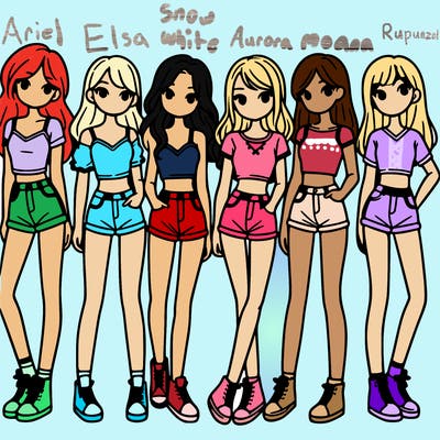 a group of girls wearing crop tops and shorts