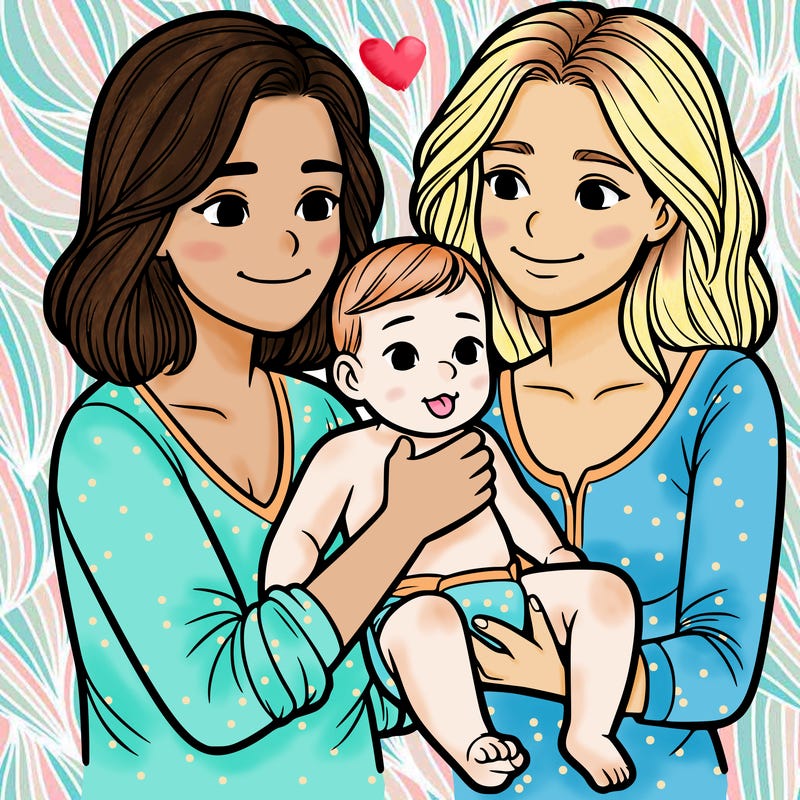 two realistic women holding one baby together