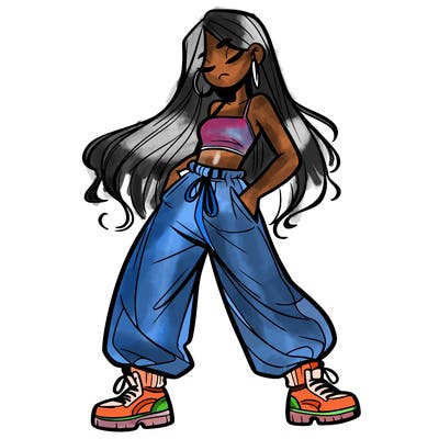 girl in baggy pants crop top and long hair