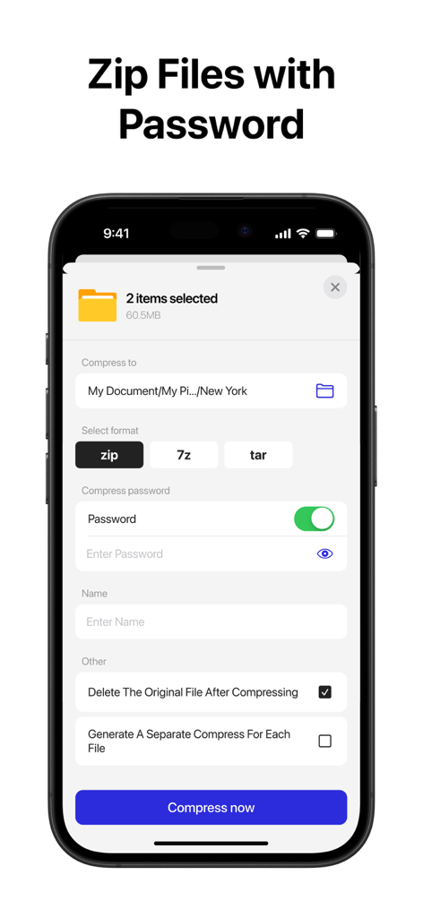 Zip and RAR file extractor app interface showing password protected compression options for zip 7z and tar formats