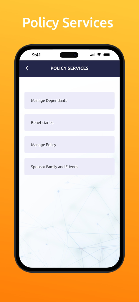 Écran de l'application EcoSure Zimbabwe montrant les options de services de police, y compris la gestion des personnes à charge, des bénéficiaires et le parrainage de la famille et des amis