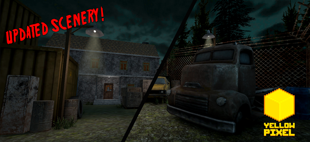 HeadHorse: Horror Game - Dark house exterior and rusty truck at night in HeadHorse Horror Game