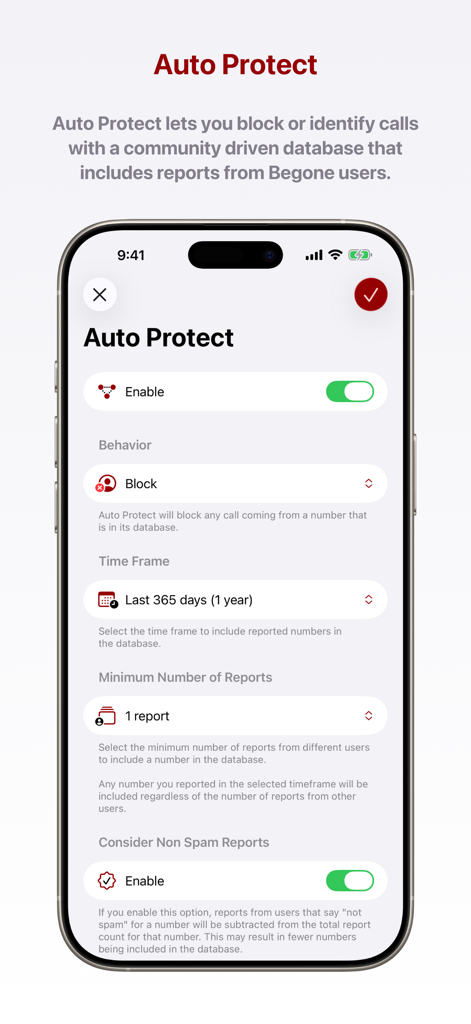 Begone: Spam Call Blocker - Interface showing Auto Protect settings in the Begone app for community based spam call blocking.