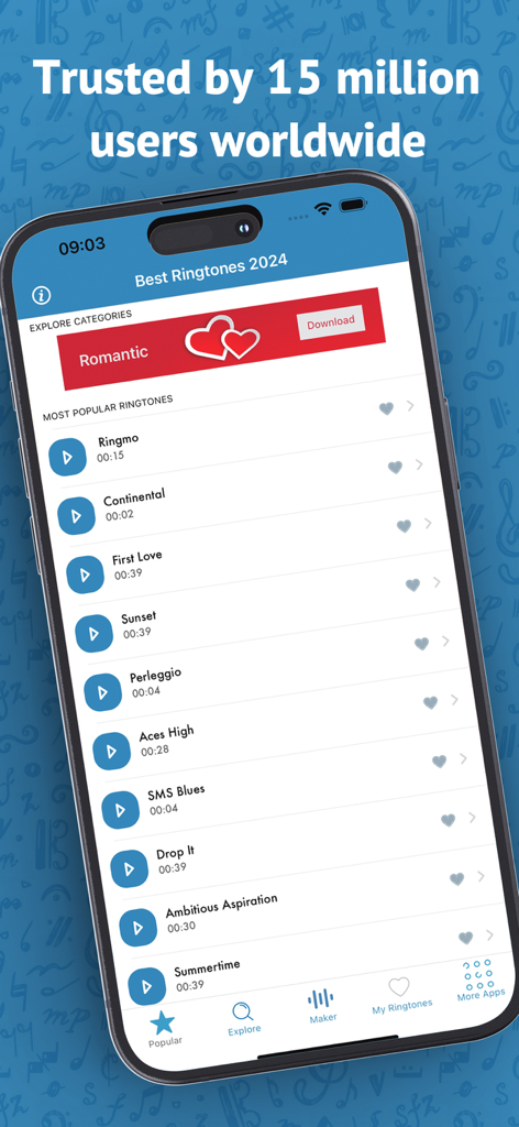 Interface showing the most popular ringtones and categories in the Best Ringtones 2026 app for iPhone.