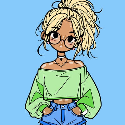 girl with a messy ponytail glasses a baggy crop top and jean shorts