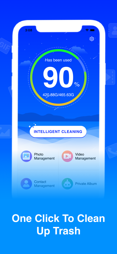 Super Cleaner - Photo & Phone - Super Cleaner app dashboard displaying storage usage and a one-click intelligent cleaning button.
