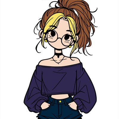 girl with a messy ponytail glasses a baggy crop top and jean shorts