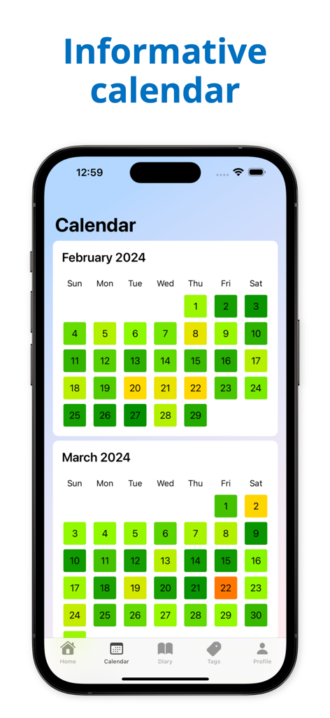 iPhone screen showing a color-coded monthly calendar for tracking mood and dreams in the Mila app