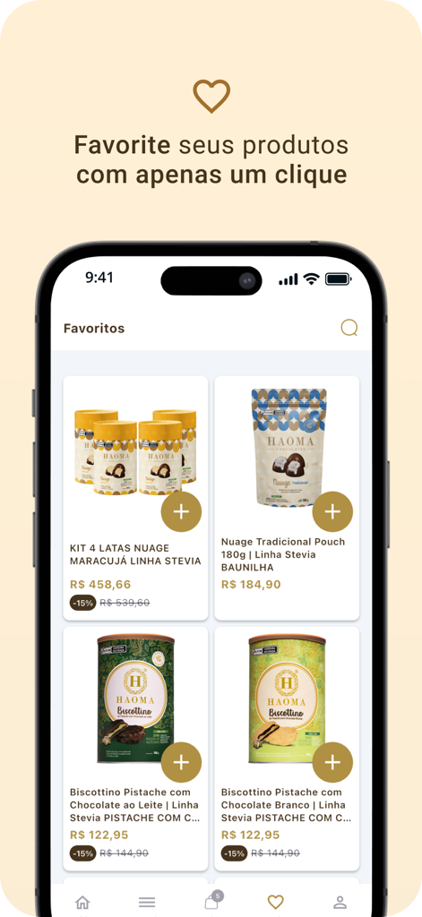 Haoma - Chocolate de Origem - Mobile App-Bildschirm, der eine Liste von bevorzugten Schokoladenprodukten mit Preisen und Rabatten anzeigt