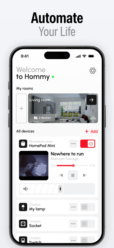 Smart Home: Remote Control App - Interfaz de una aplicación de control remoto para el hogar inteligente que muestra la gestión de habitaciones y controles de dispositivos para iluminación y música.