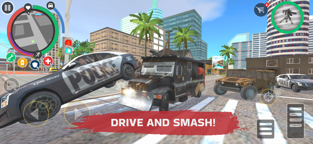 Un camión blindado chocando contra un coche de policía en la ciudad de mundo abierto de Rope Hero Vice Town