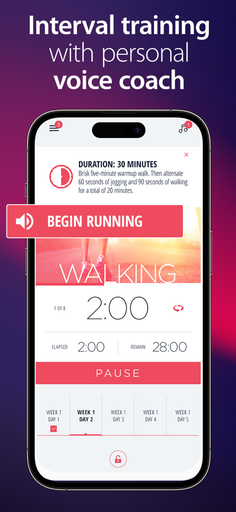 C25K® 5K Running Coach & Map - Interface of the C25K running app showing an interval training session with a personal voice coach.