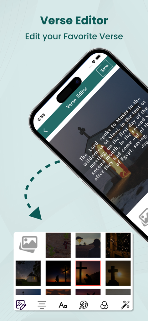 User interface of the Catholic Bible app showing the Verse Editor feature to customize and save scripture with background images
