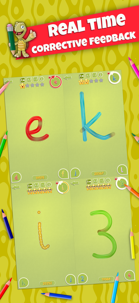 LetraKid PRO: Kids Writing ABC - Interfaz de la aplicación LetraKid PRO que muestra retroalimentación en tiempo real para niños que trazan letras y números.