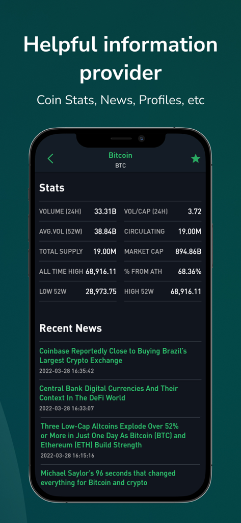 CryptoSim: Market Simulator - Real-time Bitcoin market statistics and recent crypto news in the CryptoSim app.