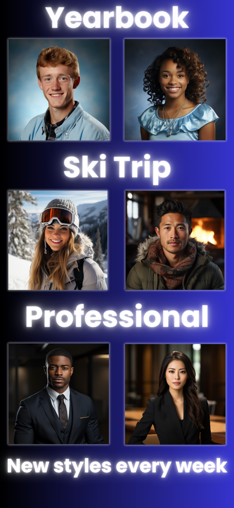 Exibição de retratos gerados por IA, incluindo estilos profissionais, de anuário e de viagem de esqui