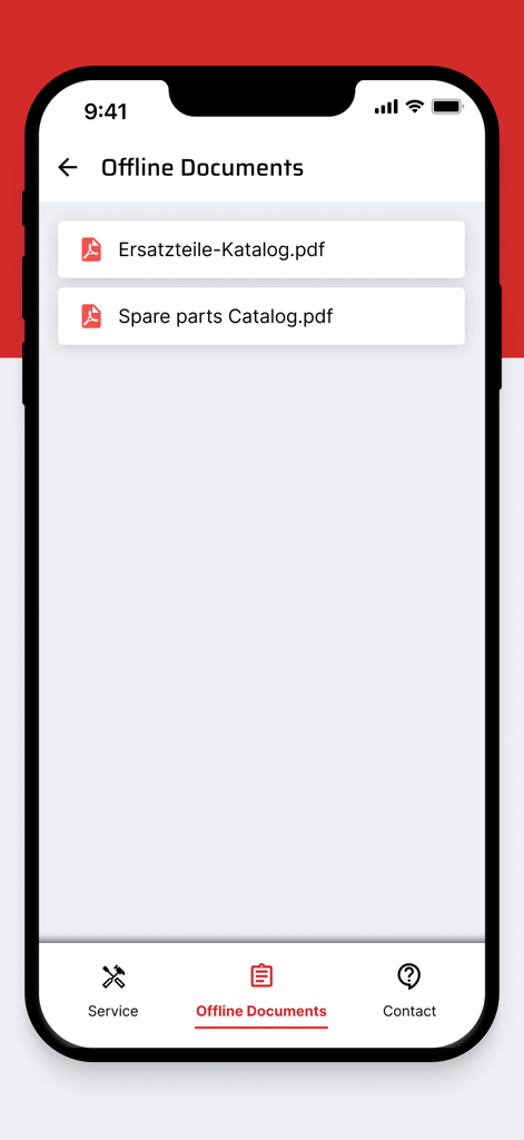 WOLF Service App - Oberfläche der WOLF Service App, die den Bereich Offline-Dokumente mit Ersatzteilkatalogen für Heizungsmonteure zeigt.