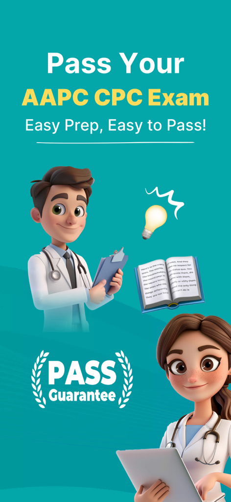 Medical Coding Exam Prep 2026 - Pantalla promocional para la preparación del examen CPC de AAPC con personajes médicos y un distintivo de garantía de aprobación